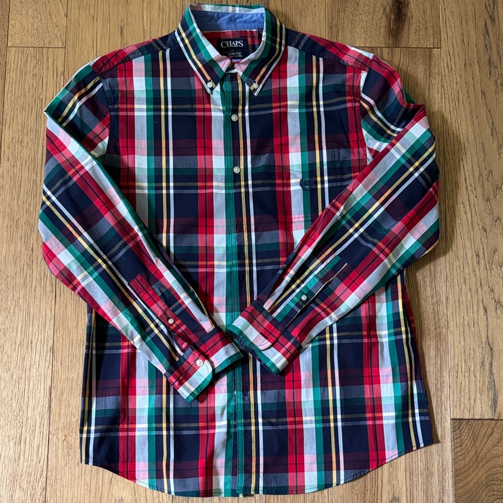 Chaps Men's Red, Navy & Green Plaid Button-Down Shirt